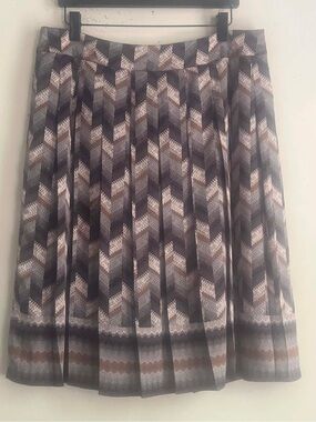 Talbots Chevron Pleated Midi Skirt in Gray, Brown & Cream Tones